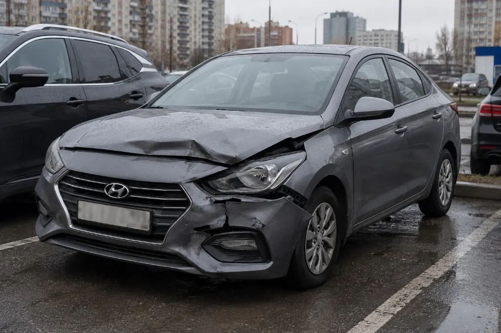 Повреждение передней части автомобиля после лобового удара
