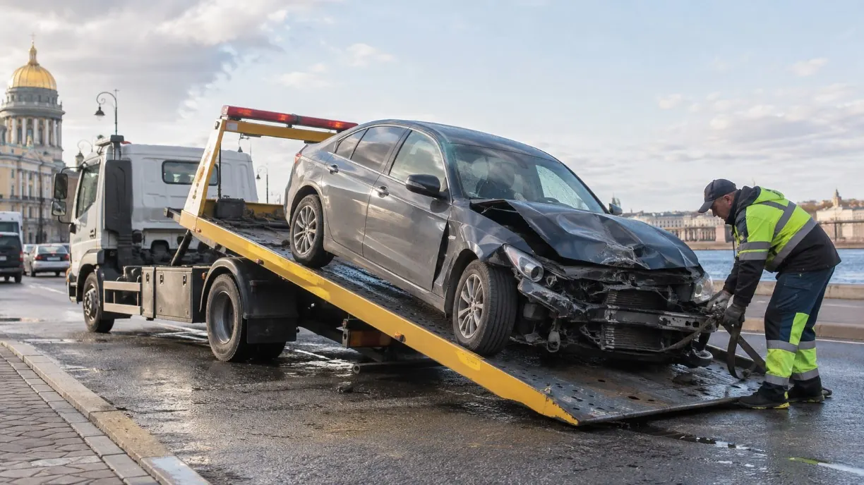 Эвакуатор вывозит неисправный автомобиль